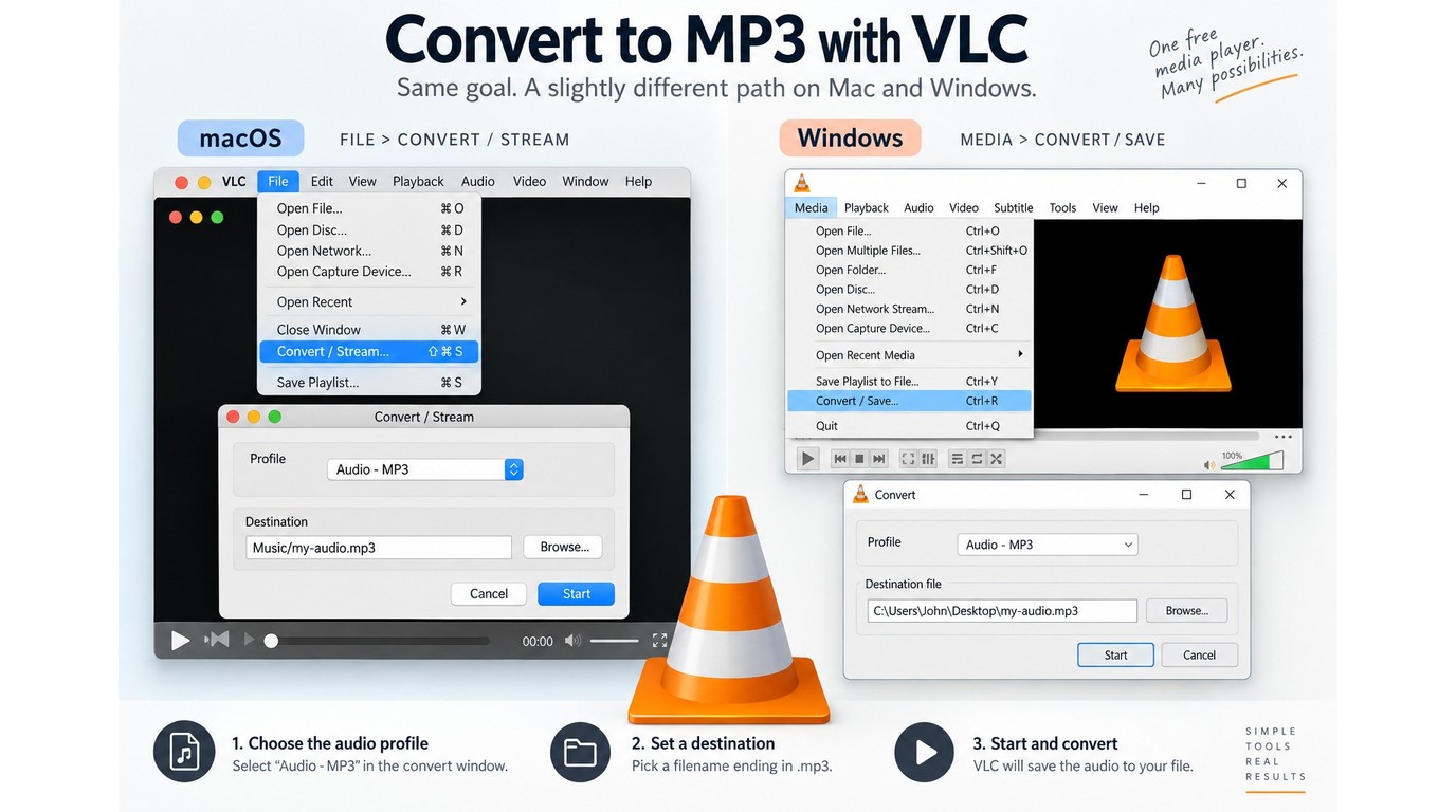 VLC conversion menus on macOS and Windows with the Audio - MP3 profile and output path.