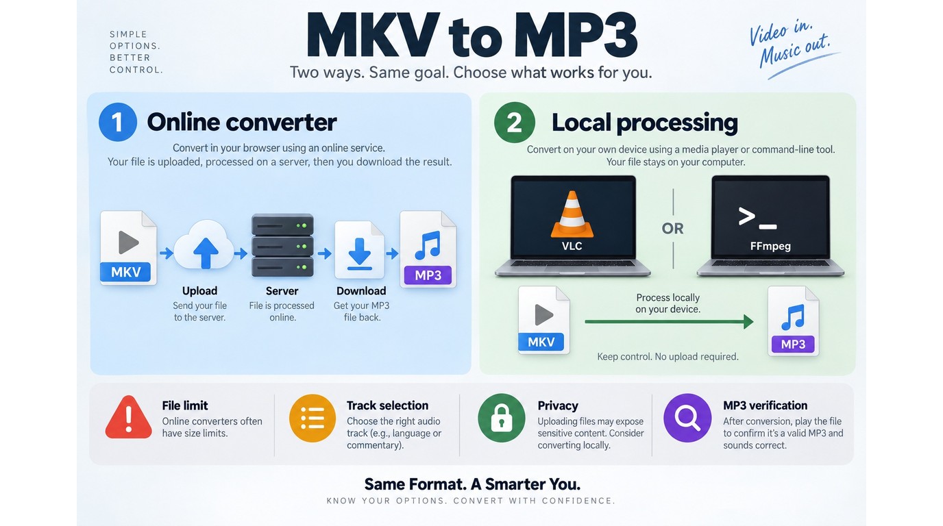Online MKV upload risks versus local conversion with VLC or FFmpeg.