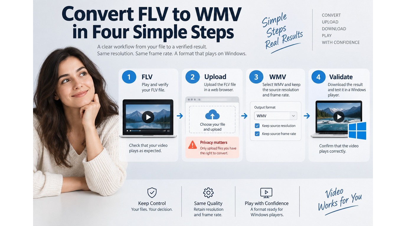 Online FLV to WMV workflow from source check and upload to Windows playback validation