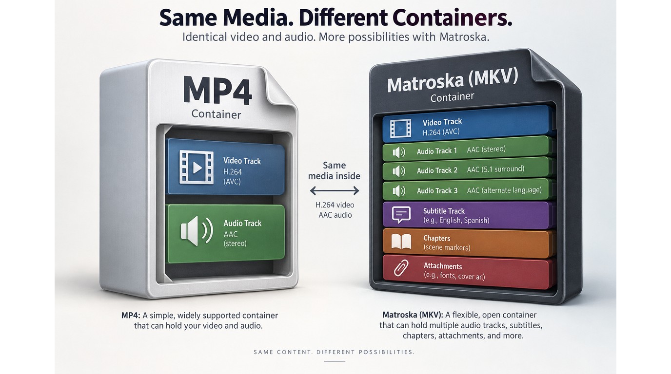 MP4 and MKV containers holding H.264 video, audio, subtitles, and metadata