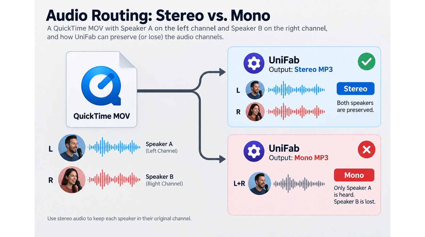 Stereo channel mapping that preserves both speakers when converting MOV to MP3.