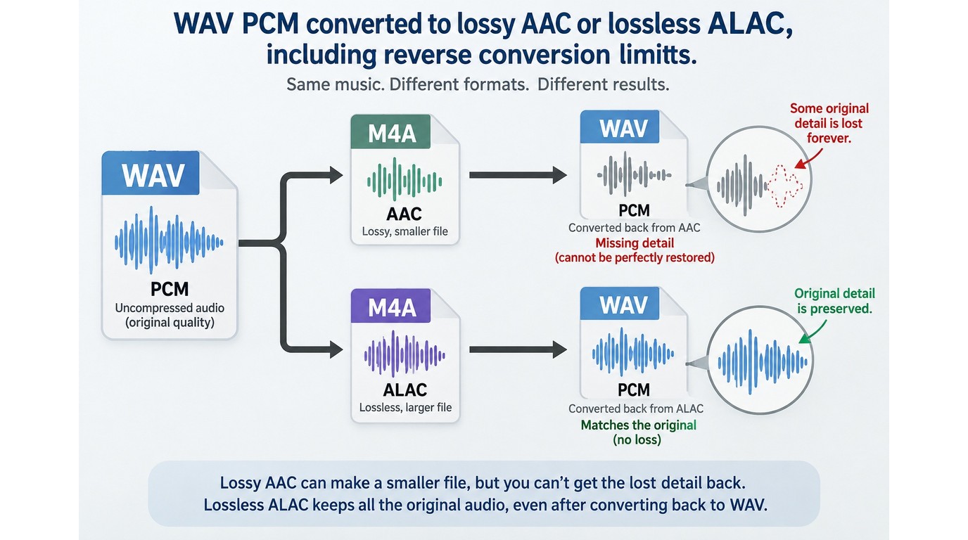 WAV PCM converted to lossy AAC or lossless ALAC, including reverse conversion limits
