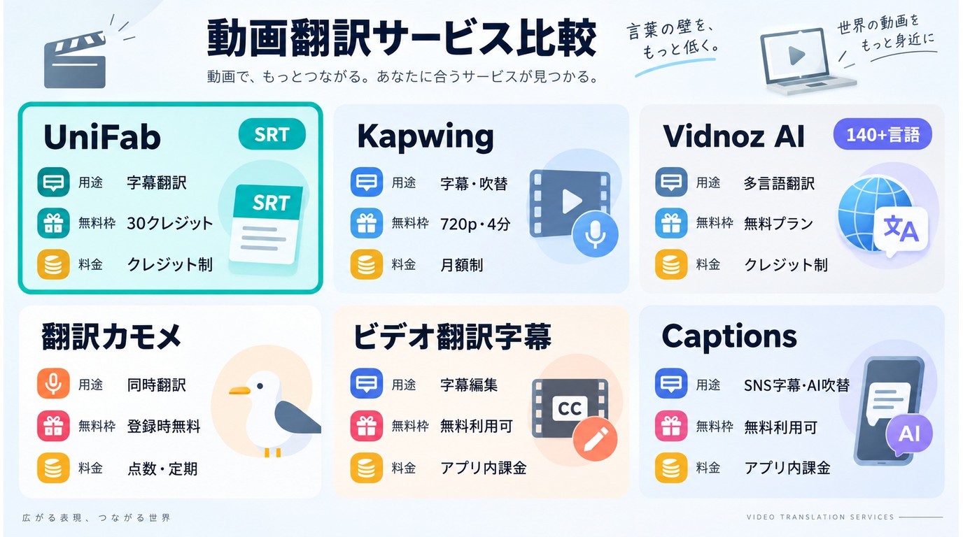 UniFab、Kapwing、Vidnoz AIなど6製品の用途、無料枠、料金方式の比較