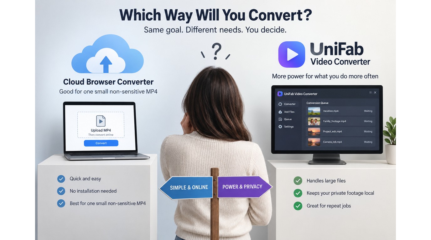 Online converter versus UniFab for small files, large batches, privacy, and repeat jobs