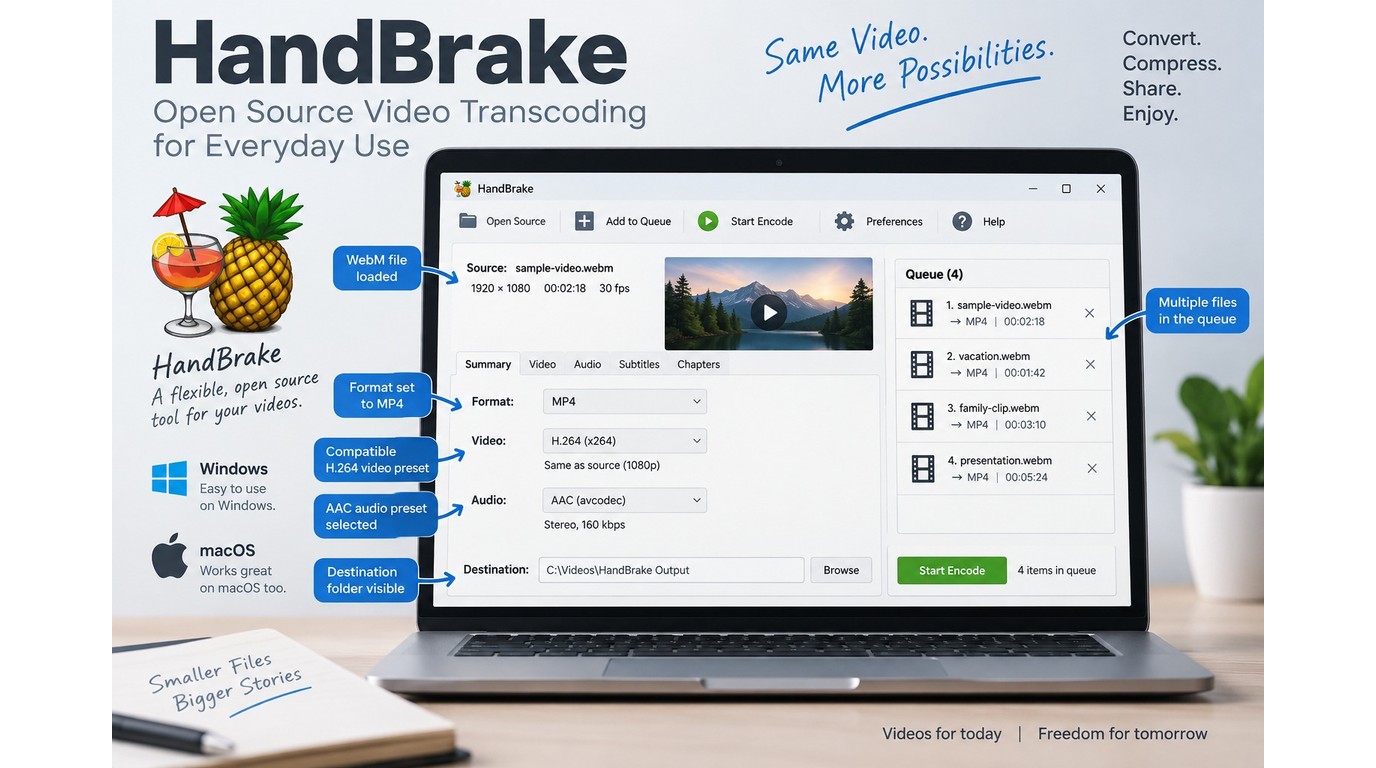 HandBrake queue for converting WebM files to MP4 on Windows and macOS