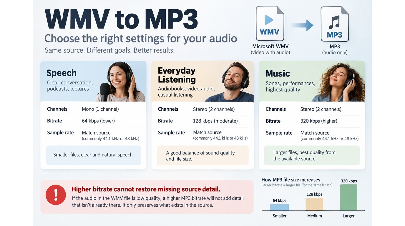 WMV to MP3 settings for speech, music, bitrate, channels, sample rate, and file size
