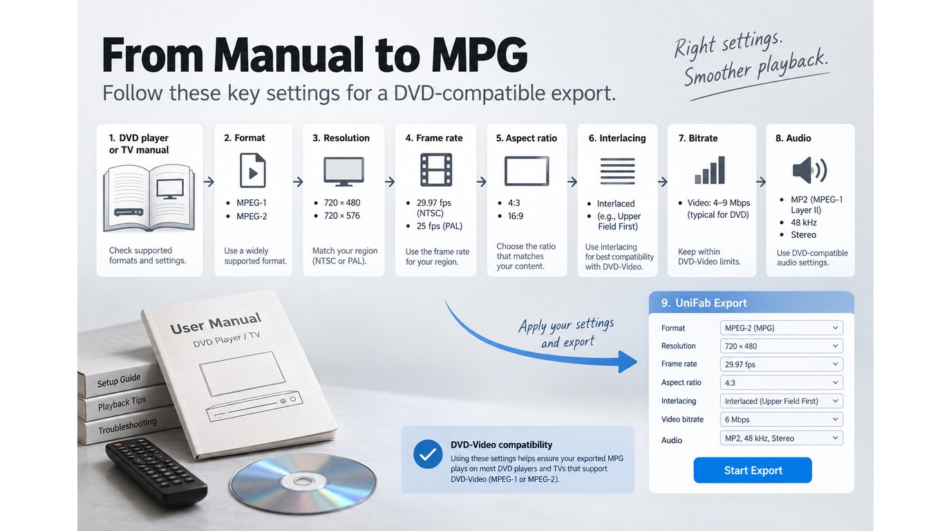 DVD and TV MPG settings checklist covering MPEG profile, resolution, frame rate, and audio