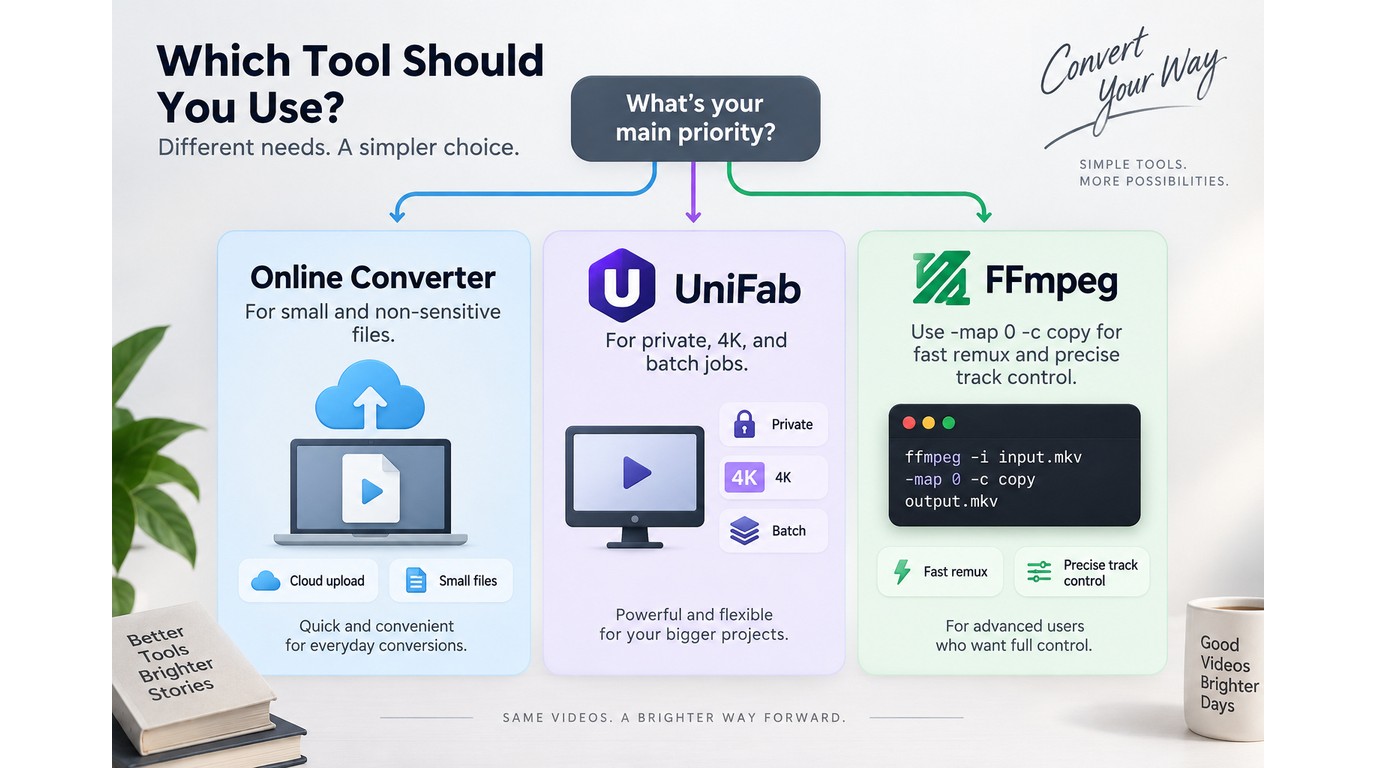 Choosing UniFab, FFmpeg, or an online converter by privacy, file size, tracks, and volume