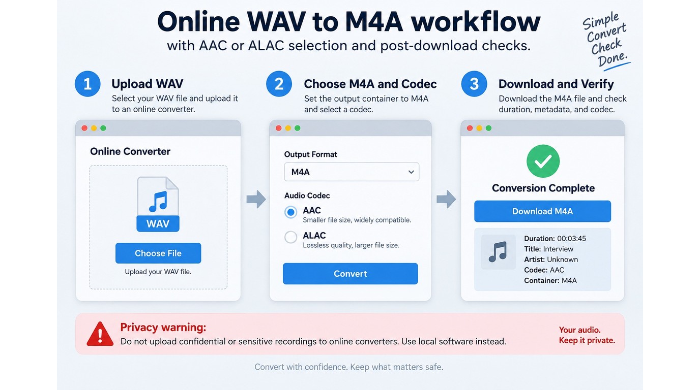 Online WAV to M4A workflow with AAC or ALAC selection and post-download checks