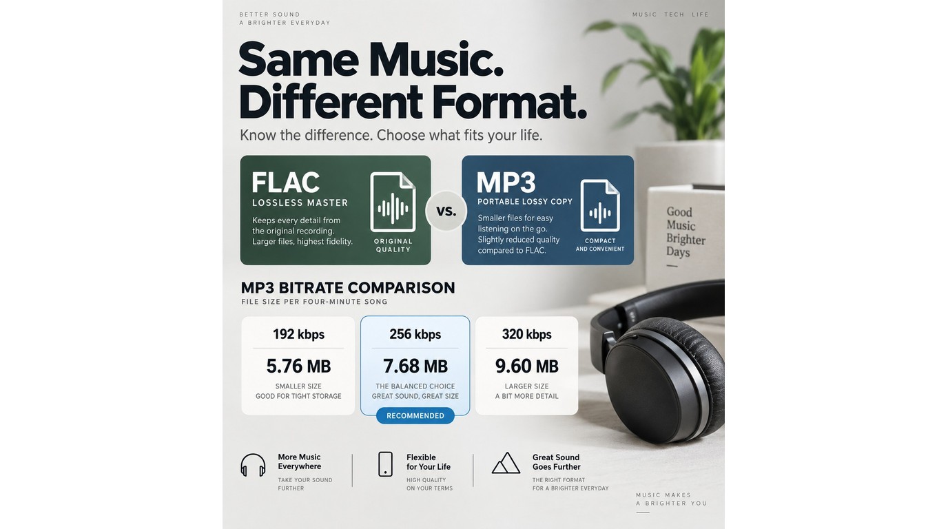 FLAC and MP3 compared by audio retention, compatibility, and 192, 256, or 320 kbps size.