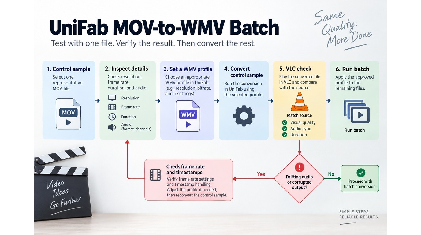 Control sample workflow for checking UniFab WMV quality before batch conversion