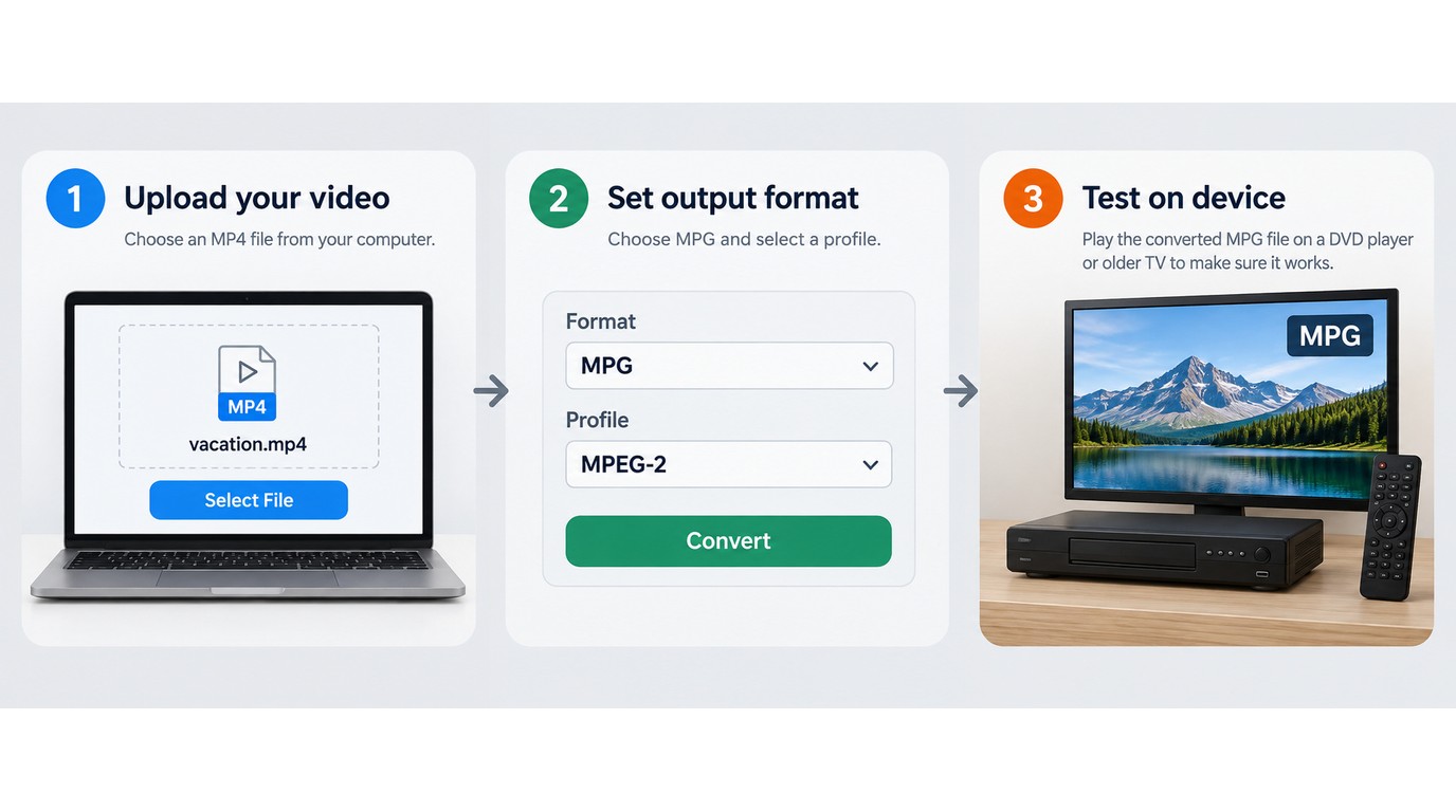 Online MP4 to MPG workflow with upload, MPEG profile selection, and DVD player testing