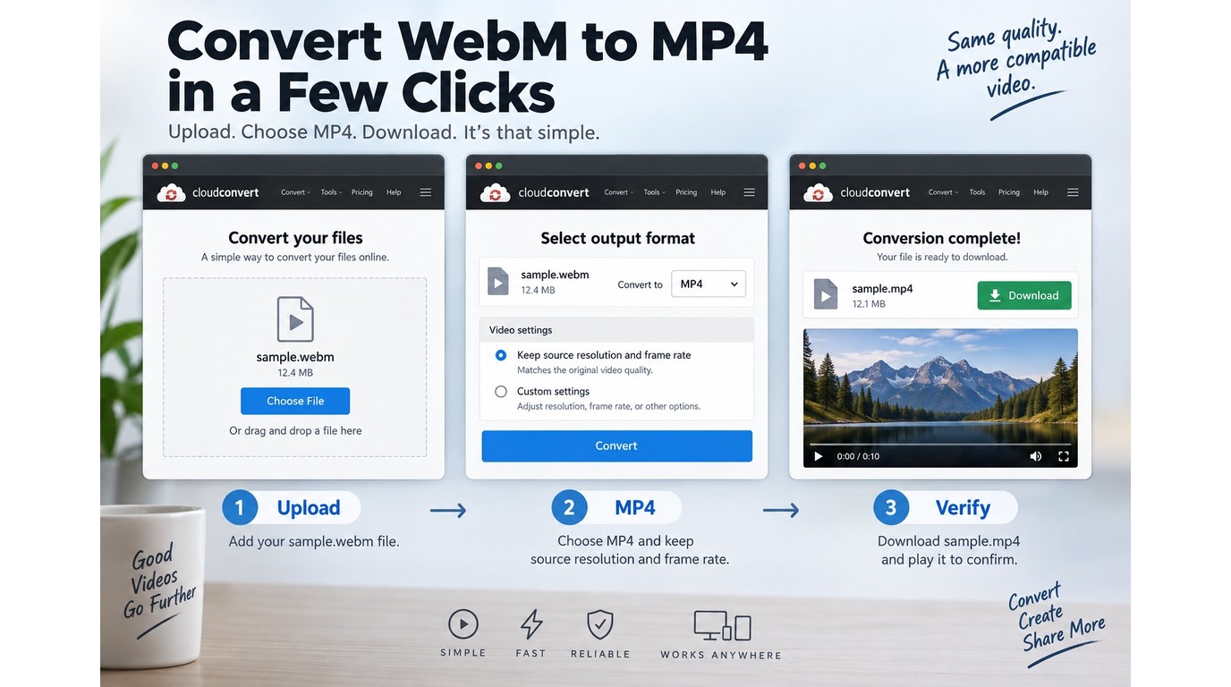 CloudConvert workflow from WebM upload to MP4 download and quality check