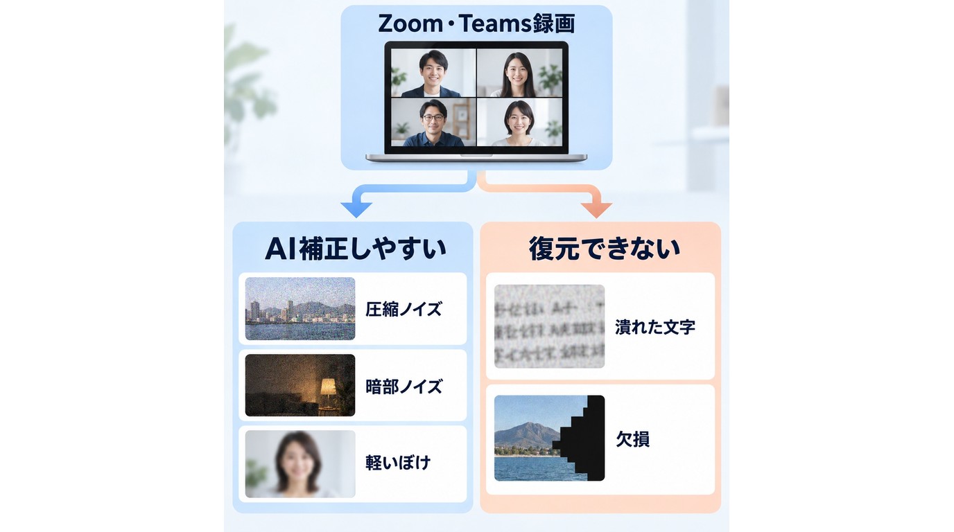ZoomとTeams録画でAI補正しやすいノイズと復元できない文字欠損の違い