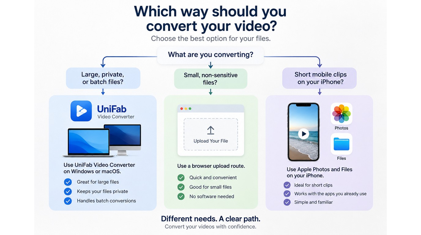 Desktop, online, and iPhone MOV to MP3 methods compared by privacy, size, and batch use.