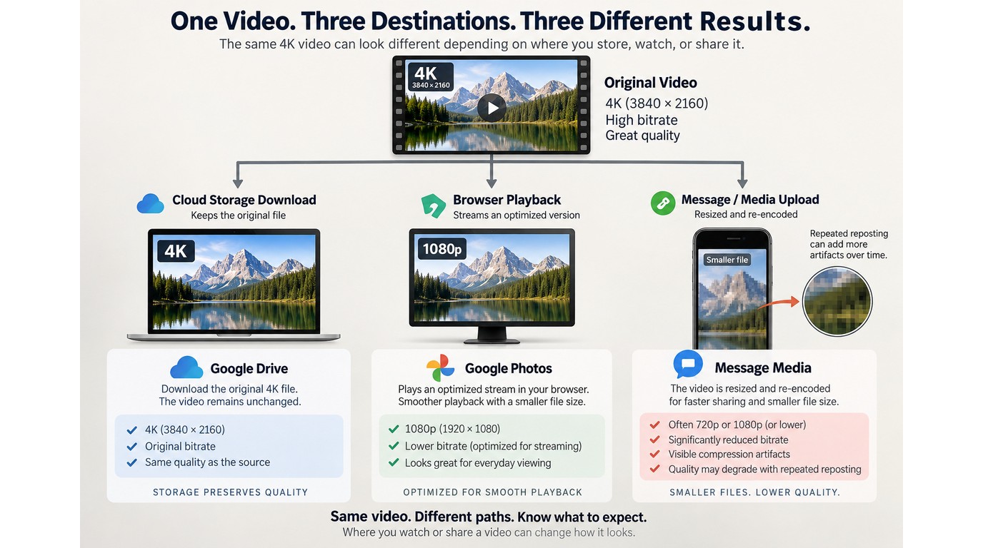 How Google Drive downloads preserve a file while previews and message uploads may reduce quality