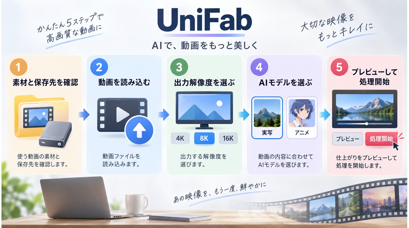 UniFabで動画を読み込みAIモデルを選んで処理する5段階の操作