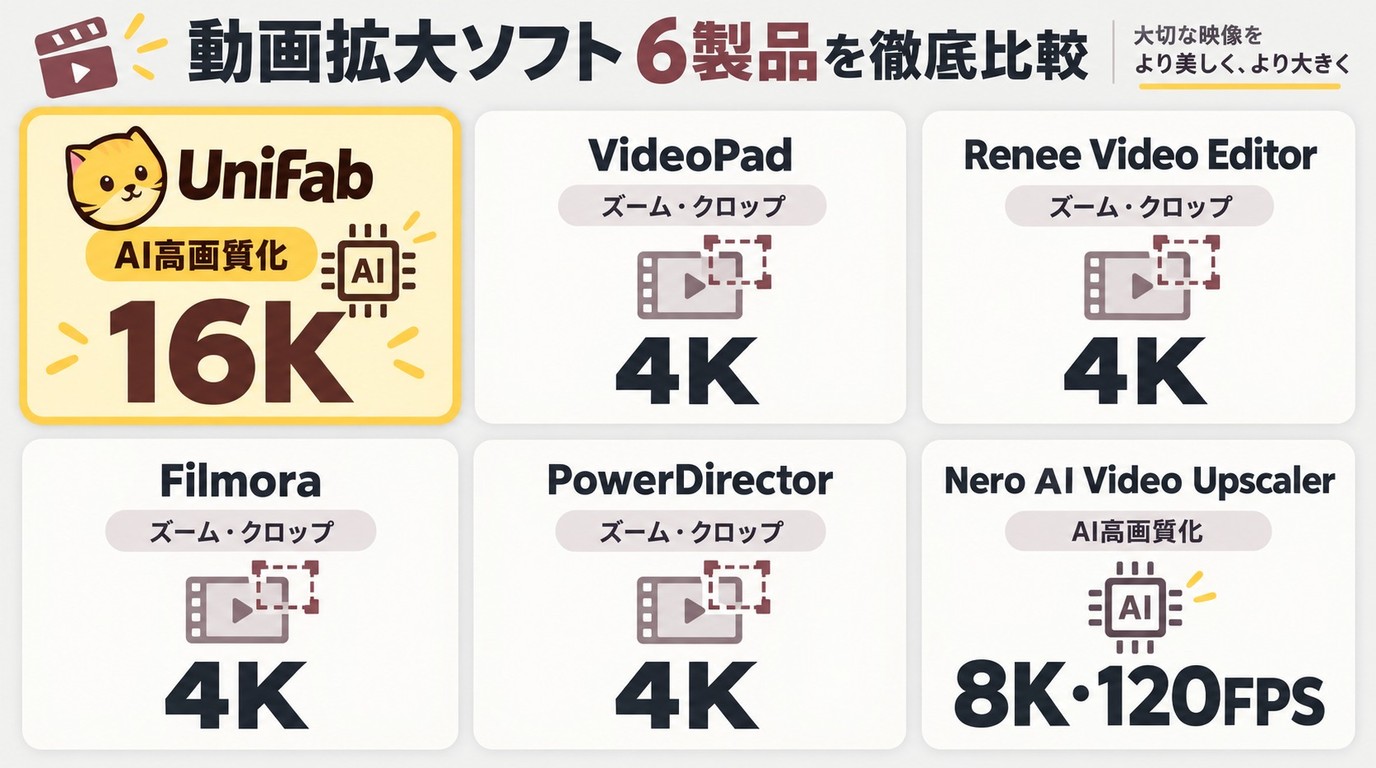 UniFabなど動画拡大ソフト6製品の用途と最大出力の比較
