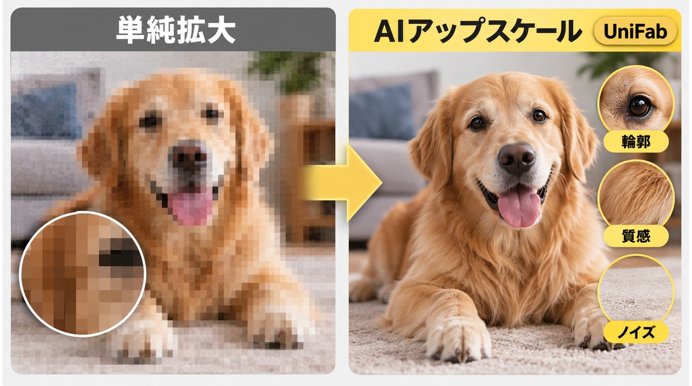 単純拡大とAIアップスケールによる輪郭や質感の違い