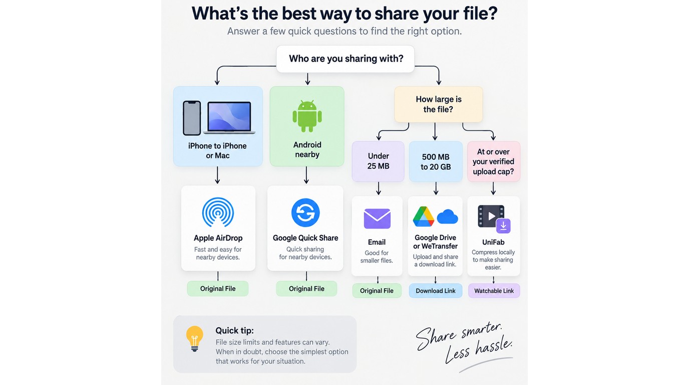 Video delivery selector for AirDrop, Quick Share, email, Google Drive, WeTransfer, and UniFab