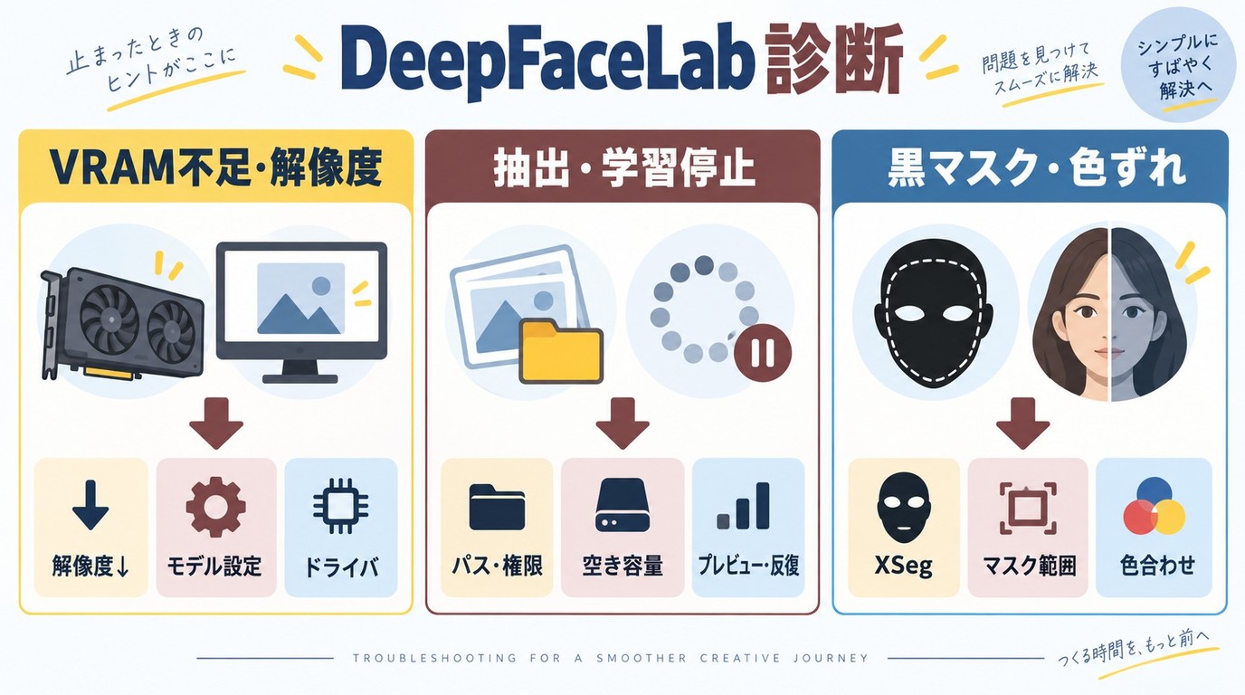DeepFaceLabのVRAM不足や学習停止や黒いマスクを原因別に切り分ける手順