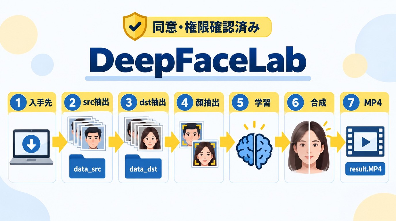 DeepFaceLabで同意済み素材を抽出し学習と合成を経てMP4へ書き出す流れ