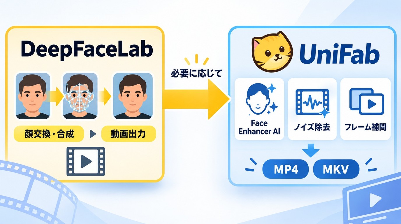 DeepFaceLabの合成動画をUniFabで顔補正やノイズ除去して保存する工程