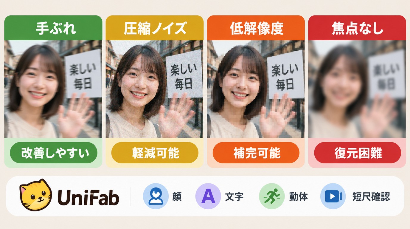軽い手ぶれは改善しやすく、焦点情報がない映像は復元困難である違い