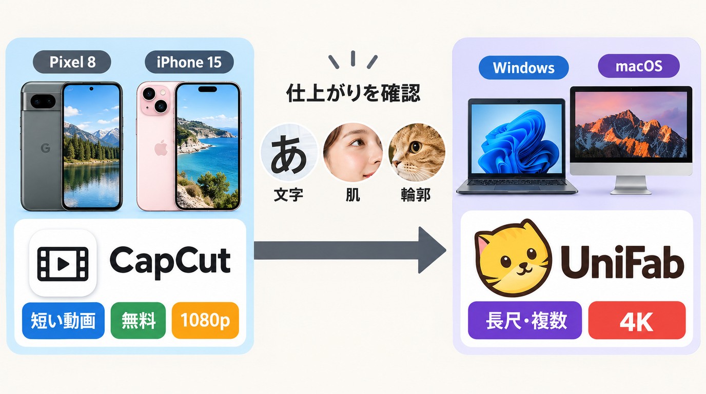 CapCutで短く試し、本格復元はUniFabを使うスマホとPCの選び分け