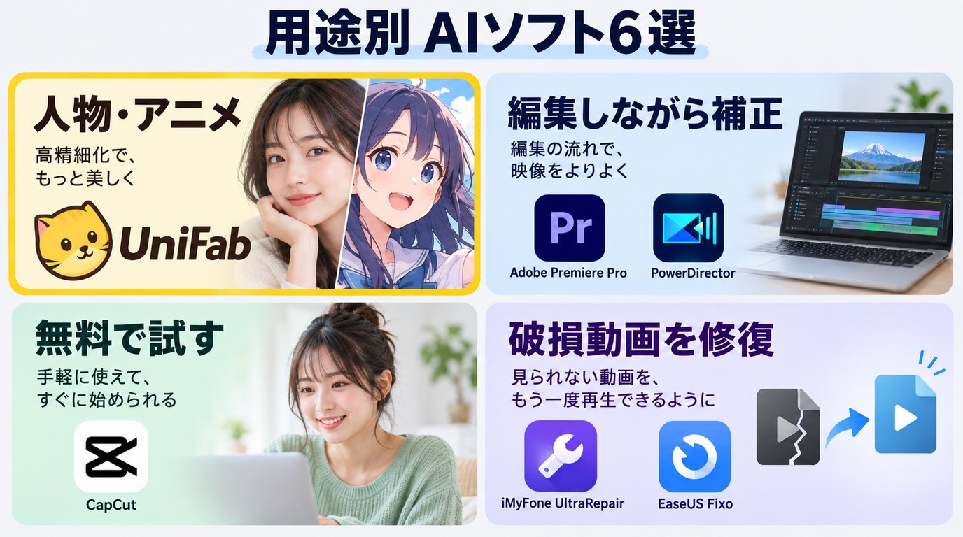 用途別にUniFab、Adobe Premiere Pro、PowerDirector、CapCut、UltraRepair、Fixoを選ぶ目安
