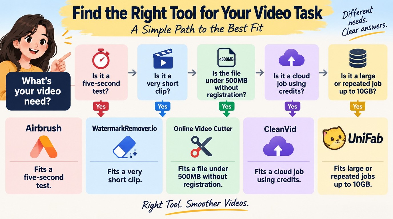 Best fit for Airbrush, Online Video Cutter, CleanVid, WatermarkRemover.io, and UniFab.