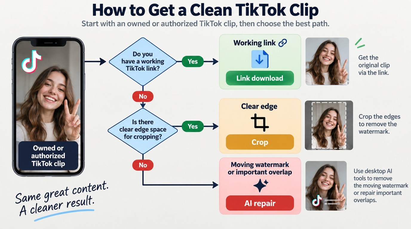 TikTok removal paths: use the link, crop a clear edge, or repair a saved clip with AI.