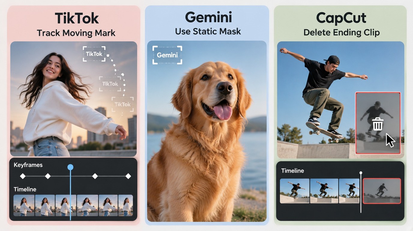 TikTok uses tracking, Gemini uses a static mask, and CapCut endings are removed on the timeline