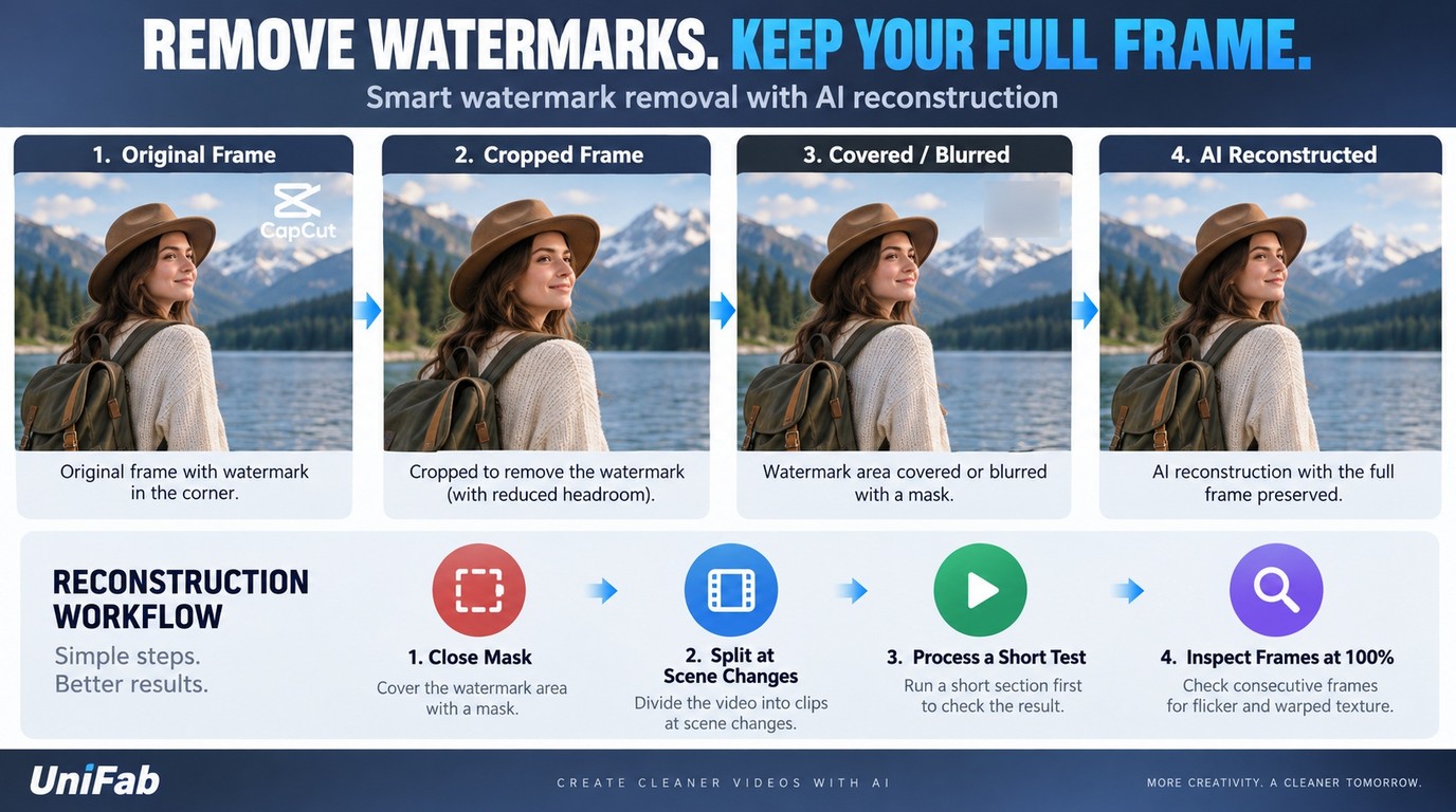 Crop, cover, blur, and AI reconstruction results for an embedded CapCut watermark