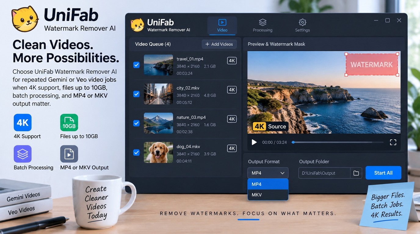 UniFab batch workflow for repeated 4K Gemini or Veo videos with MP4 or MKV export.