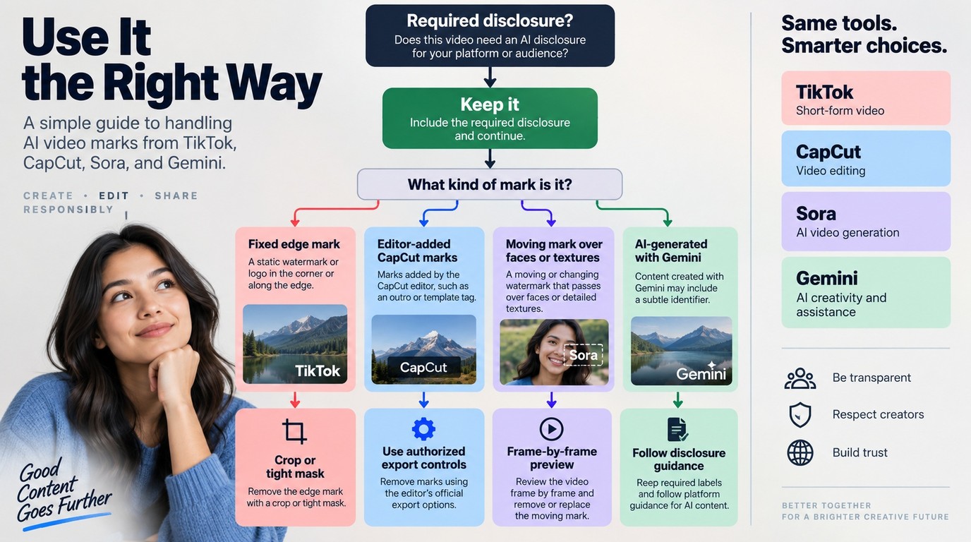 Watermark choices for TikTok, CapCut, Sora, and Gemini based on motion and disclosure