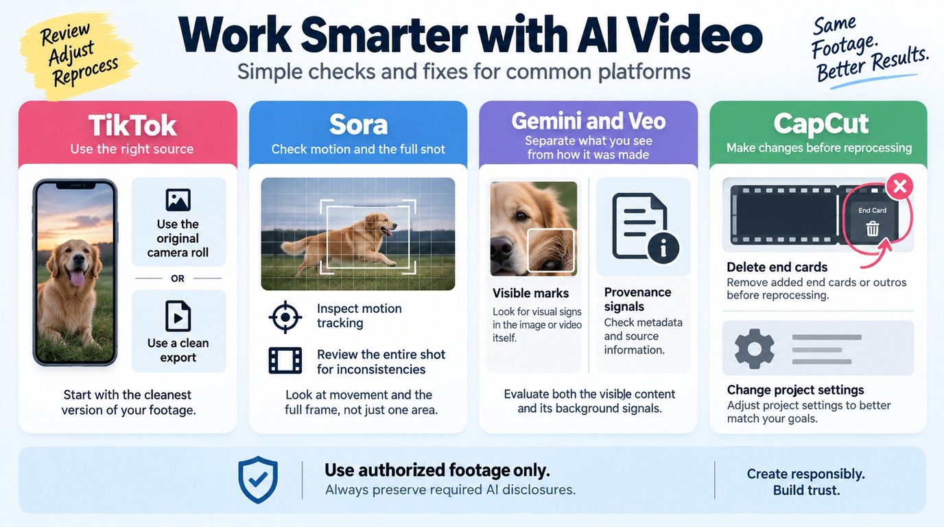 Watermark handling paths for TikTok, Sora, Gemini, Veo, and CapCut.