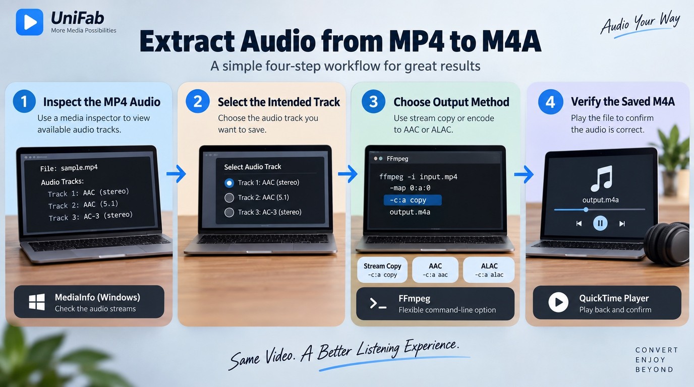 MP4 to M4A workflow across Windows, QuickTime Player, and FFmpeg.