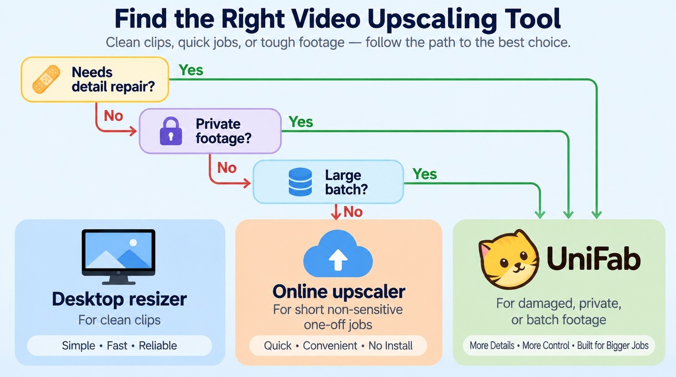 Choose a resizer, online upscaler, or UniFab based on quality, privacy, and batch size
