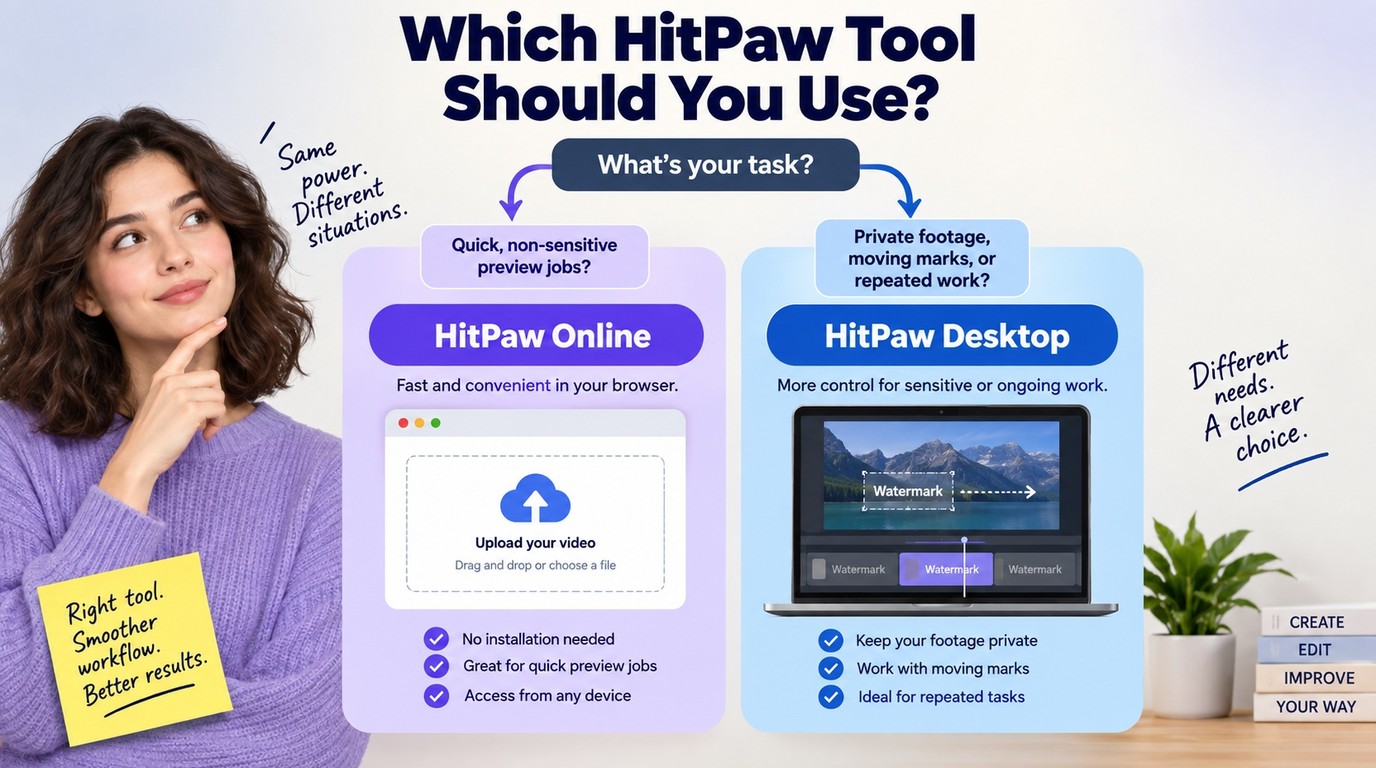 Choose HitPaw Online for quick public clips and Desktop for private or moving marks