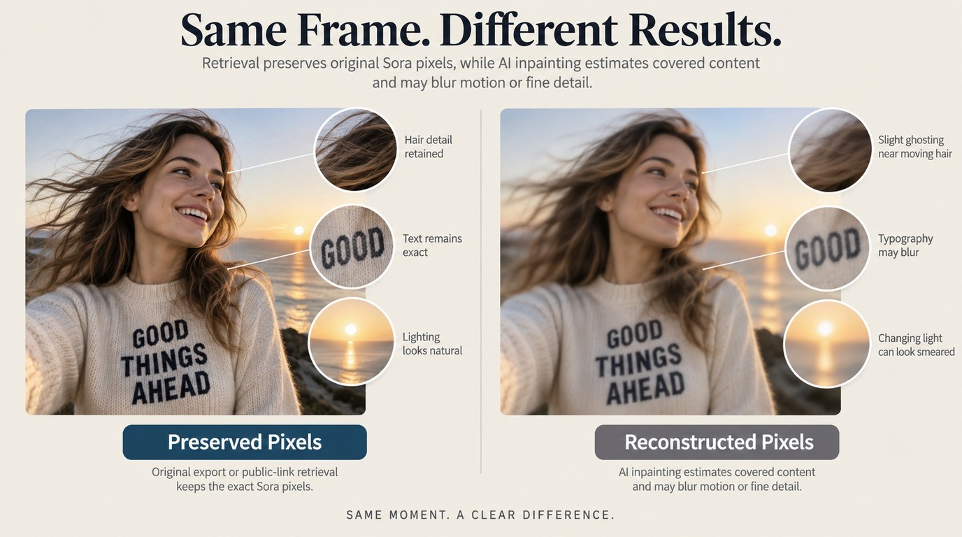 Why Sora retrieval preserves pixels while AI inpainting can blur motion and detail