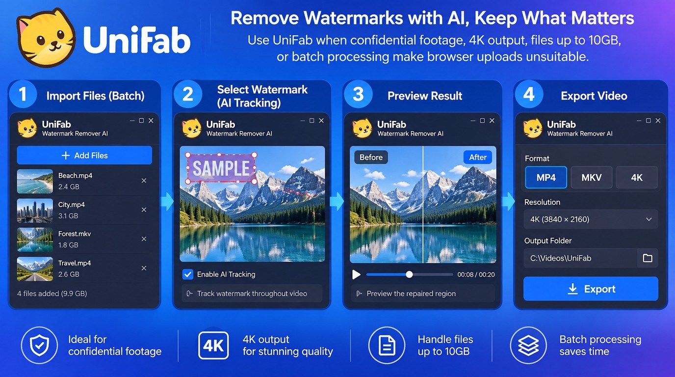 UniFab workflow for local 4K, 10GB, batch watermark removal and MP4 or MKV export.