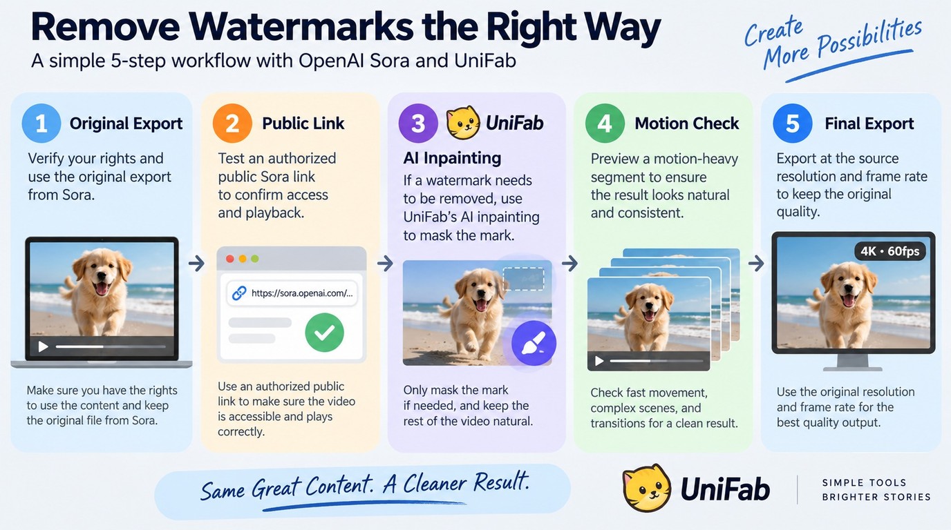How to remove a Sora watermark by checking the source, public link, then AI inpainting