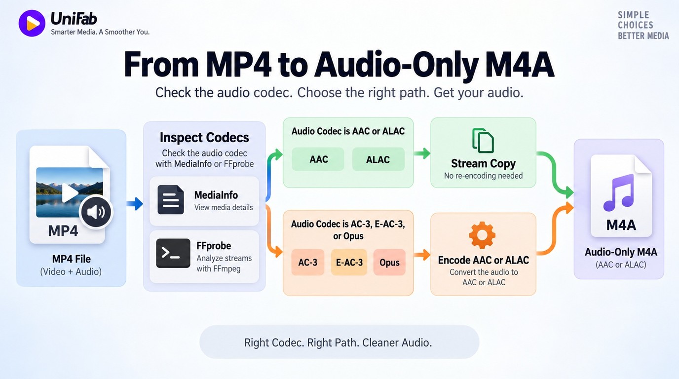 MP4 to M4A path: copy AAC or ALAC, but encode AC-3, E-AC-3, or Opus.