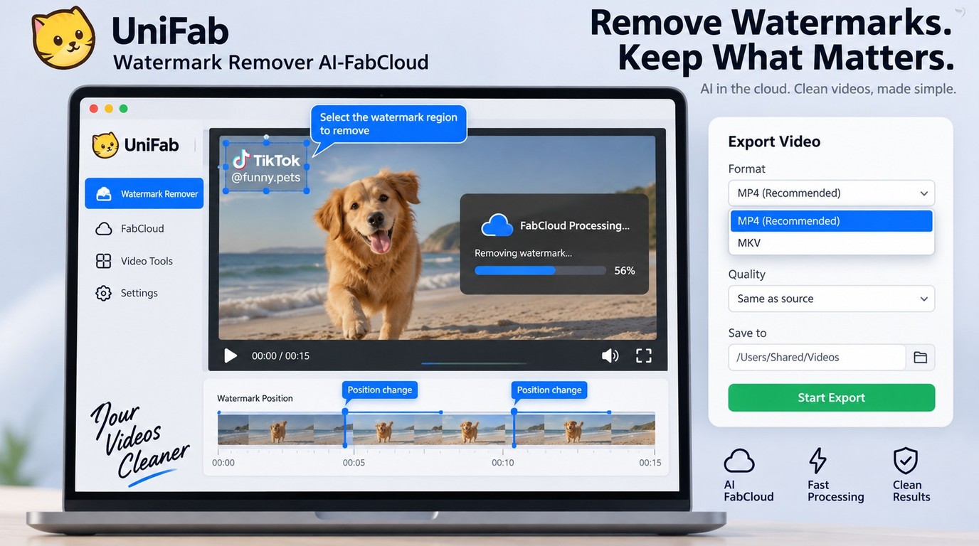 UniFab workflow for marking a moving TikTok watermark, previewing repairs, and exporting MP4.