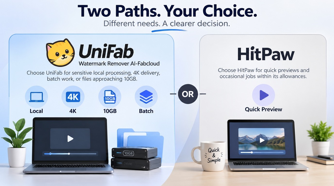 Choose UniFab for local 4K or 10GB jobs and HitPaw for quick previews