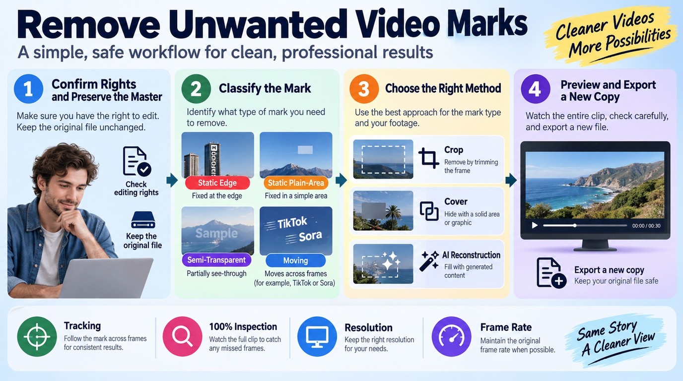 Workflow for choosing crop, cover, or AI repair and checking the final video.