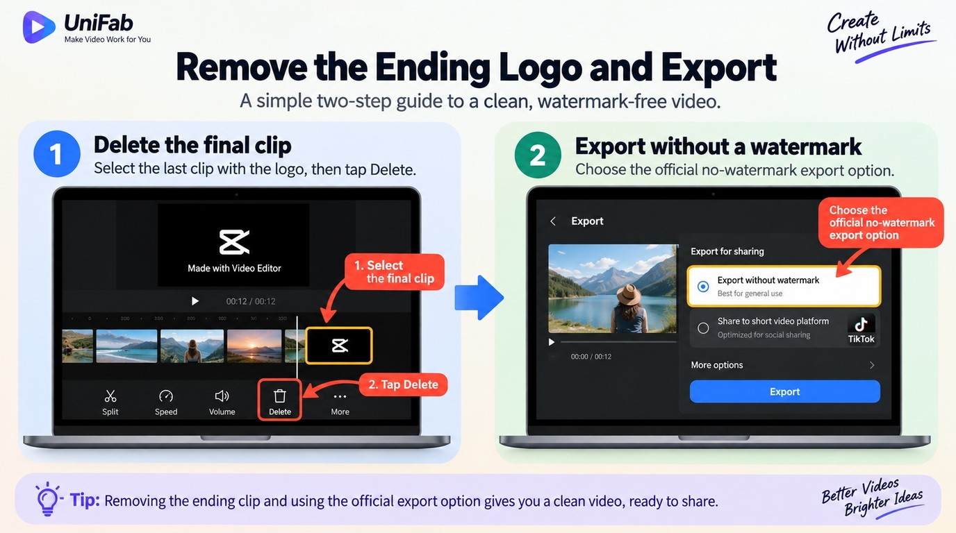 CapCut timeline ending clip deletion and official template export option