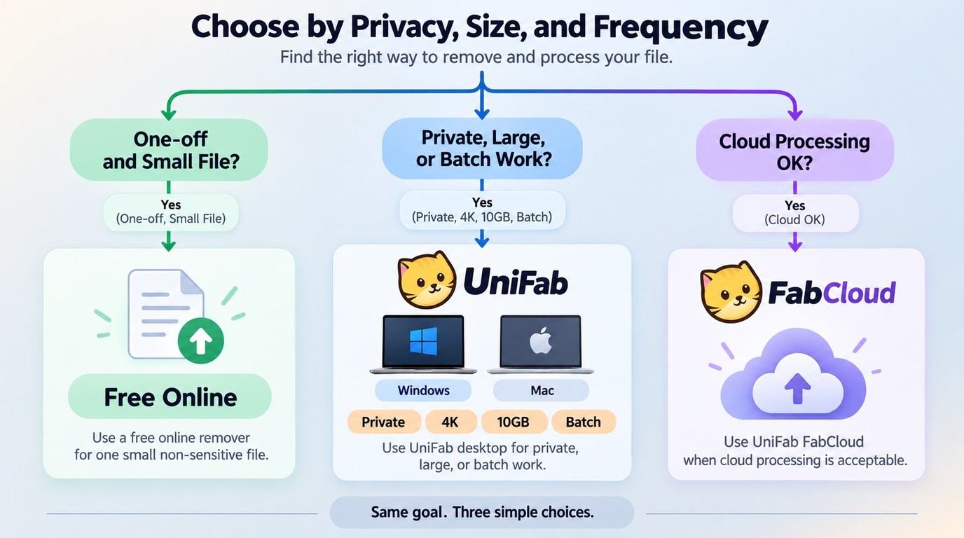 Choose online removal, UniFab desktop, or FabCloud by privacy, file size, and job frequency