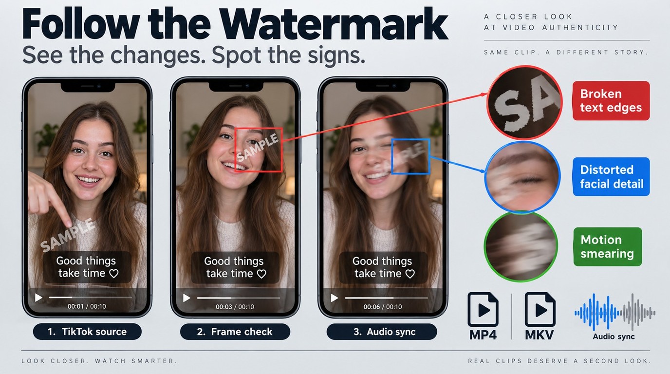 Three TikTok frames showing checks for caption damage, face artifacts, and motion smearing.
